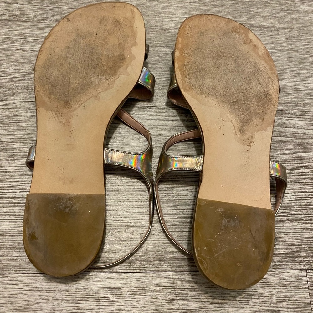 Stuart Weitzman pewter size 8M sandals W toe hold and back strap. Has tassels - Picture 10 of 13